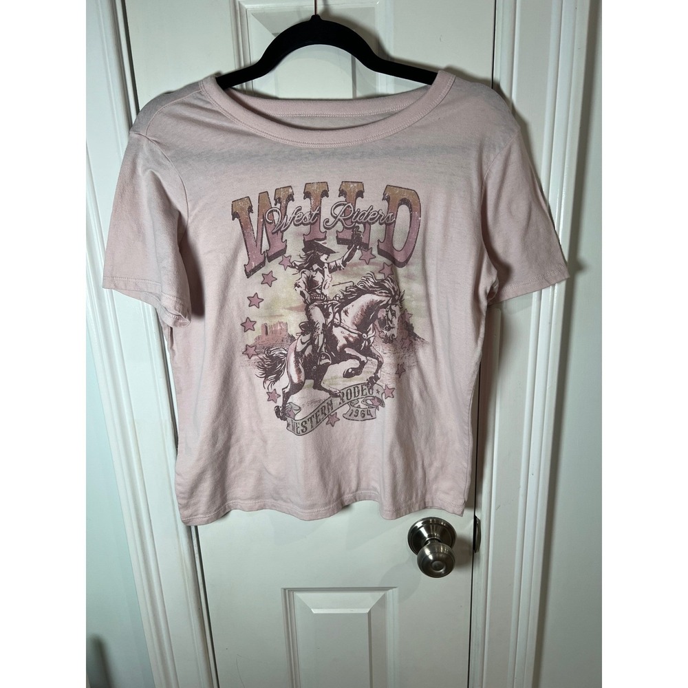 Doe Womens Wild West Riders Graphic T-Shirt Pink Cowgirl Rodeo Tee Size M